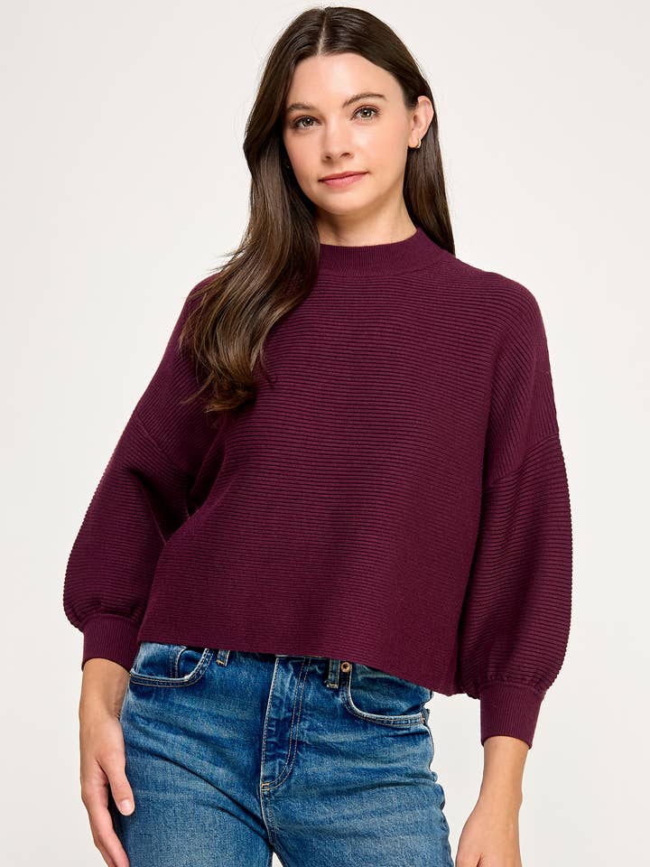 RT-3201-6 BALLOON SLV MOCK NECK SWEATER-MERLOT for wholesale by Ellison