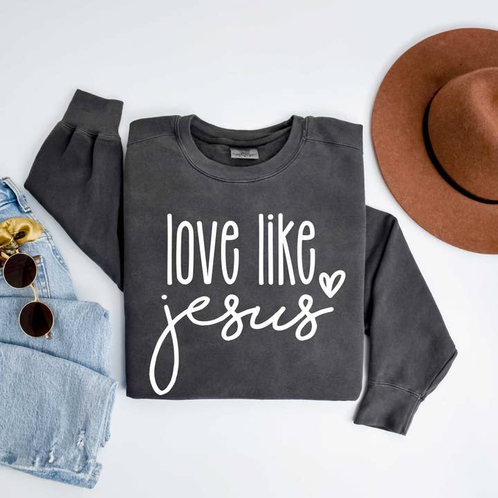 Love Like Jesus Cursive Heart | Garment Dyed Sweatshirt for wholesale by Uplifting Threads Co Wholesale