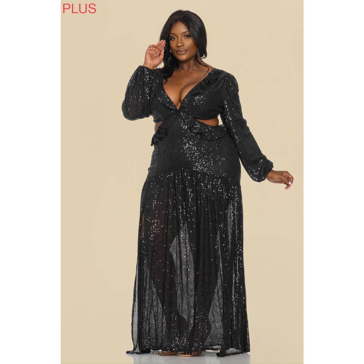 The Sang - Wholesale Dress - Women's - SD381122-P SEQUINS LONG SLEEVE MAXI DRESS PLUS SIZE3