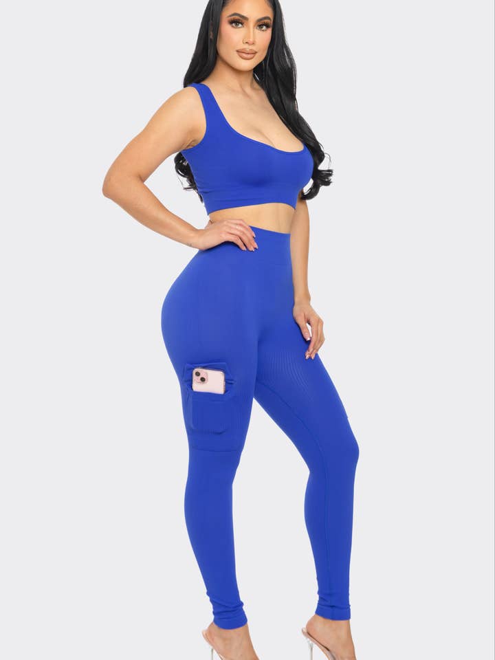 2 Pc Seamless Muscle Crop Tank Top and Cargo Legging Set for wholesale by Lime All the Time