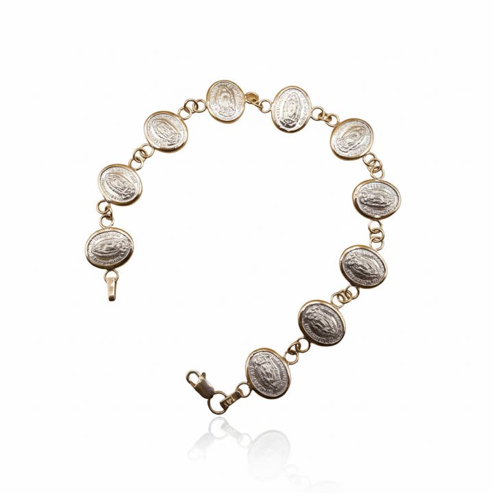 Silver 14k Gold Bezel Virgin of Guadalupe Medals Bracelet | rosary bracelet | decade 6.5-inch for wholesale by Guadalupe Gifts