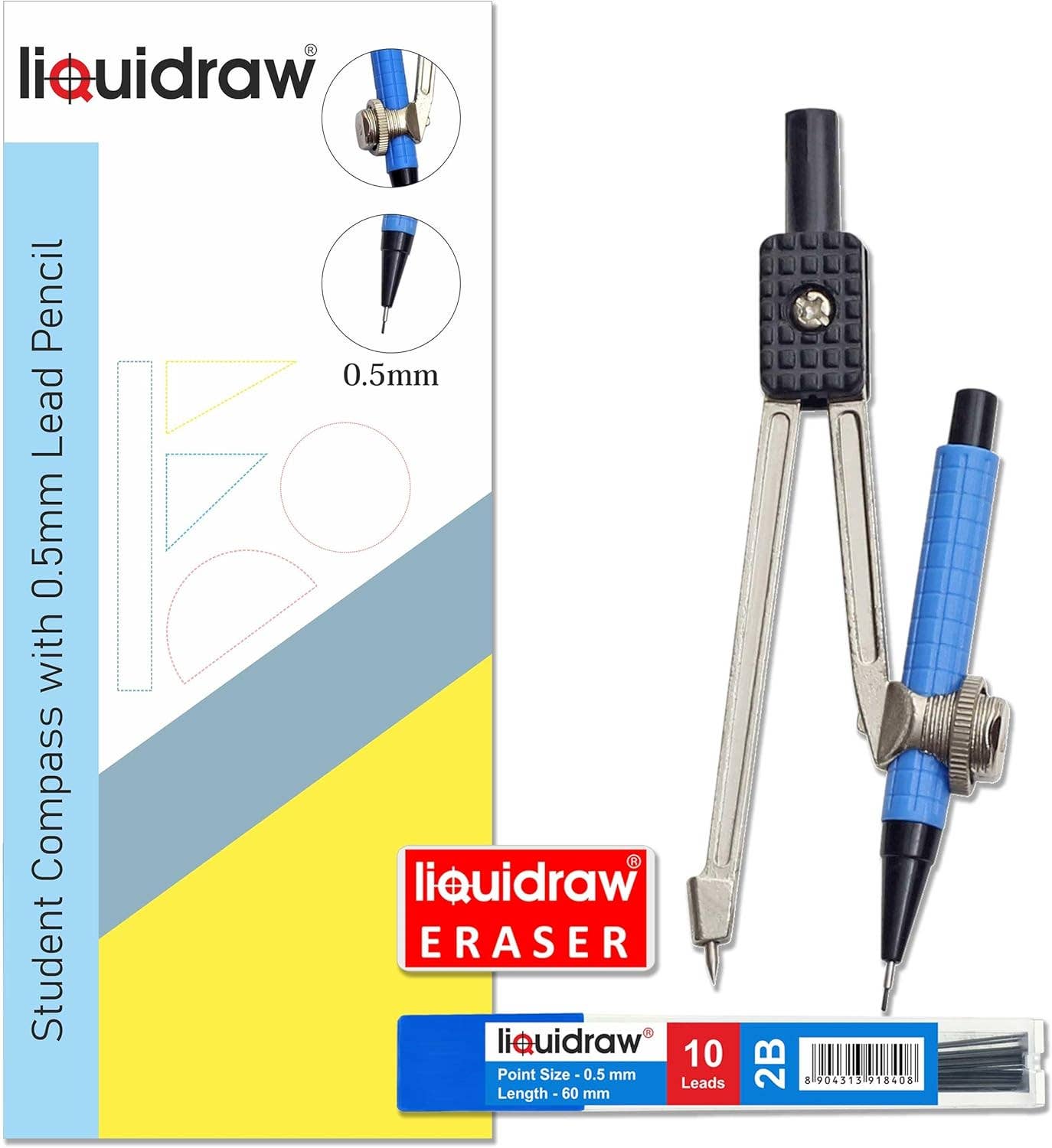 Liquidraw – wholesale Pencil – Liquidraw Metal Compass & 0.5mm 2B Pencil Set | Ideal for Maths & Geometry | School Student Essential | Professional Quality, Great for Technical Drawing | Smooth & Accurate Radius Adjustment4
