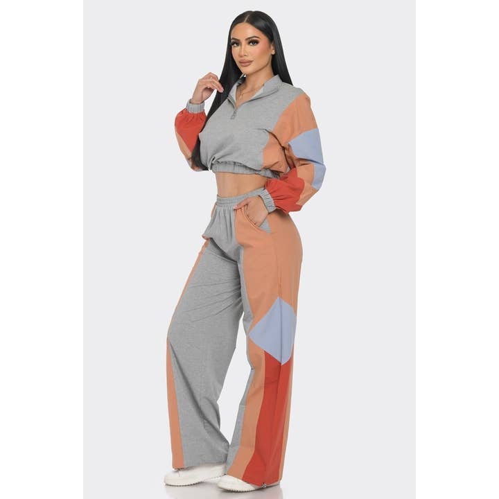 Esmeray Clothing - Wholesale Lounge Set - Women's - 80s Inspired Color Block Zip-Up Sweatsuit Set