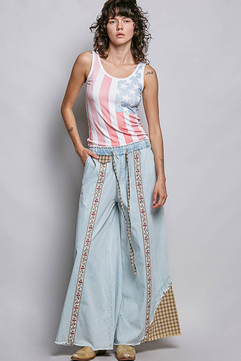 Pol Clothing - Wholesale Pants - Women's - Contrast Buckle Back Floral Trim Down Woven Pants3