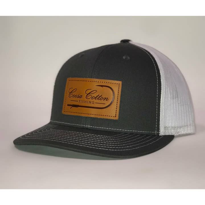 Leather Patch Trucker Hat- Charcoal / White for wholesale by Coosa Cotton