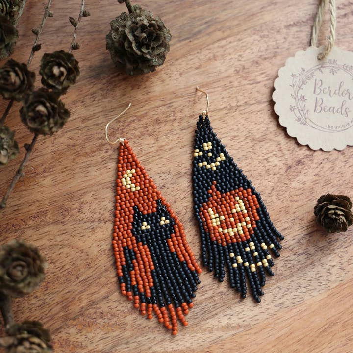 Halloween flash-handwoven beaded fringe earrings,cat,pumpkin for wholesale by BerdorBeads