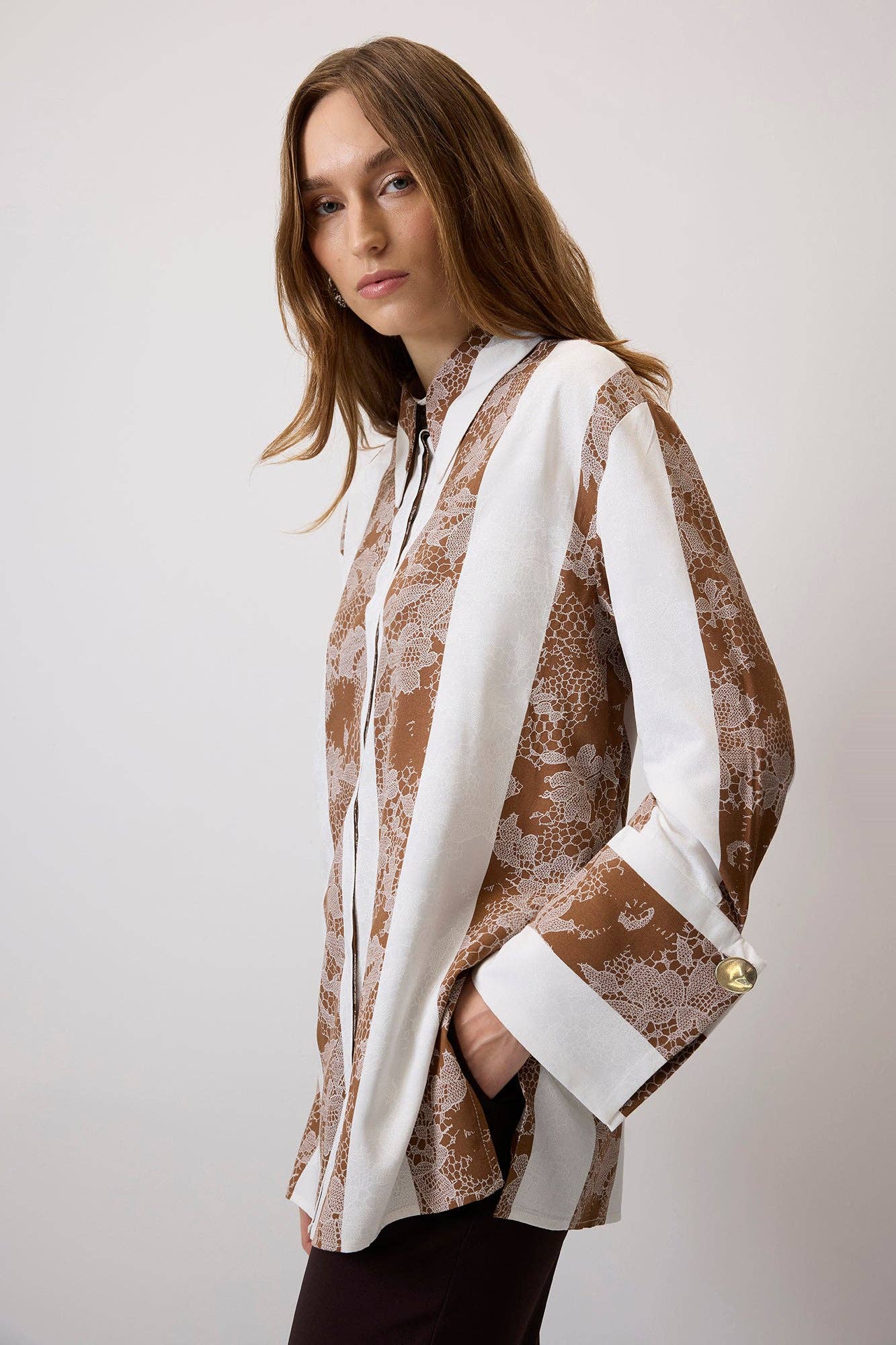 Beige LACE PATTERN BHIRT WITH WIDE CUFFS for wholesale on Faire3