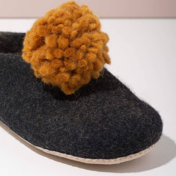 MULXIPLY - Venta al por mayor Zapatillas para casa - Mujer - Zapatillas de Fieltro con Pompones en Gris Oscuro y Dorado Talla Pequeña