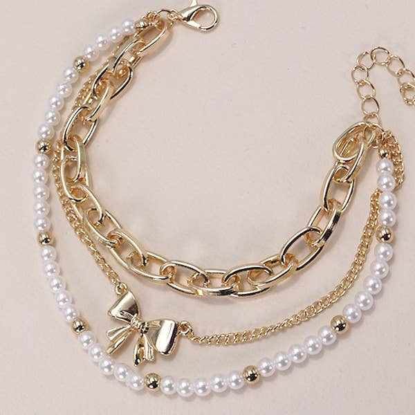 GOLD BOW PEARL LINK TRIO SET BRACELETS | 80B146 for wholesale on Faire1