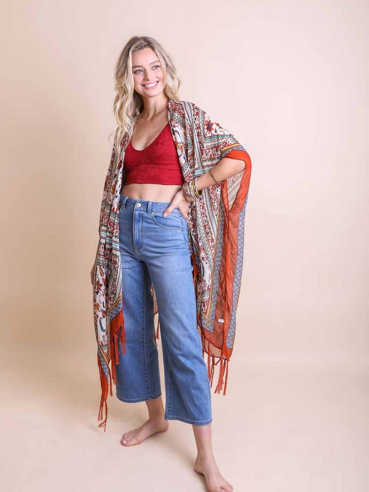 Leto Accessories - Wholesale Kimono - Women's - Bohemian Diamond Tassel Kimono - Fan Favorite!