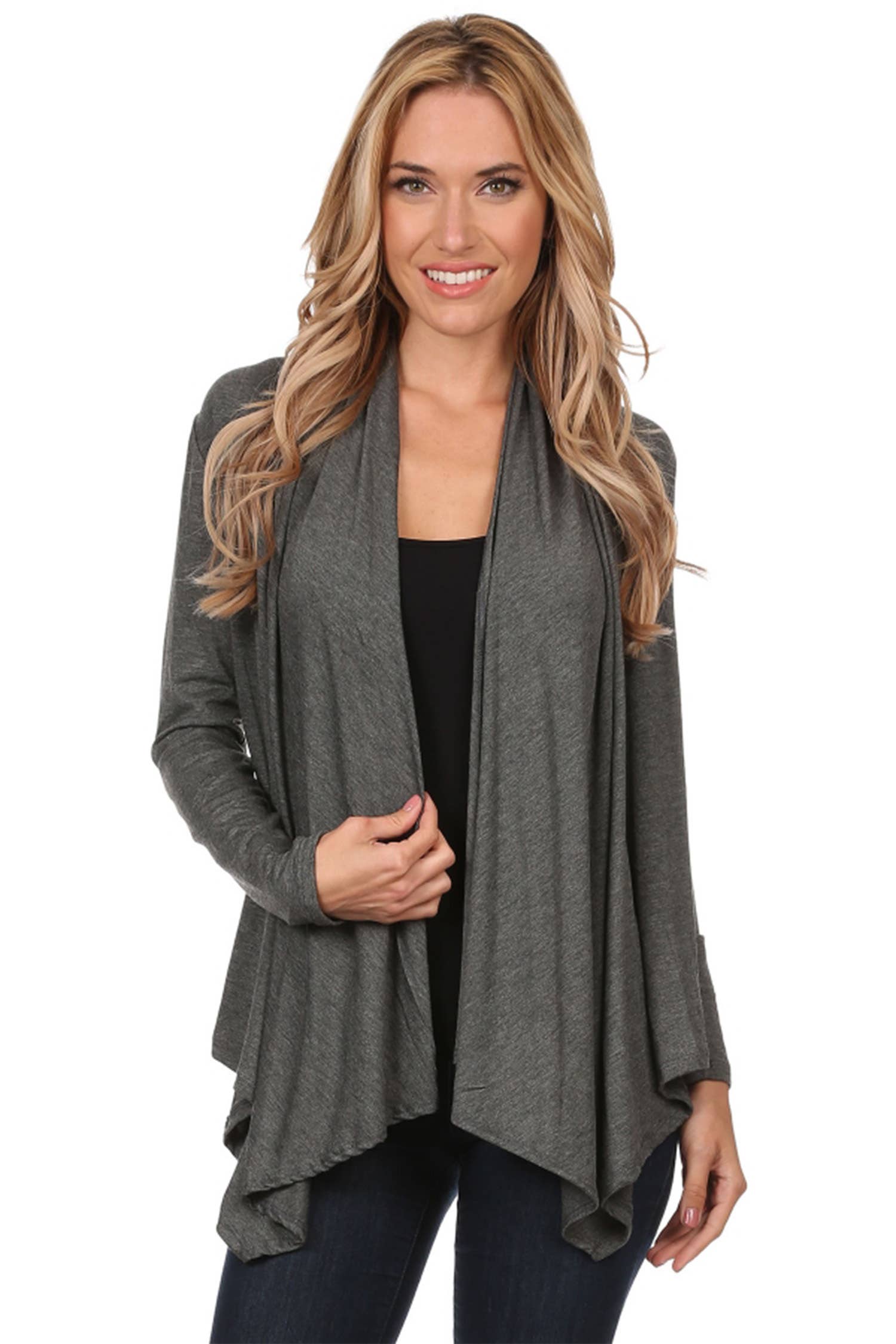 MOA COLLECTION - Wholesale Cardigan - Women's - Women's Casual Solid Long Sleeve Open Front Draped Cardigan3