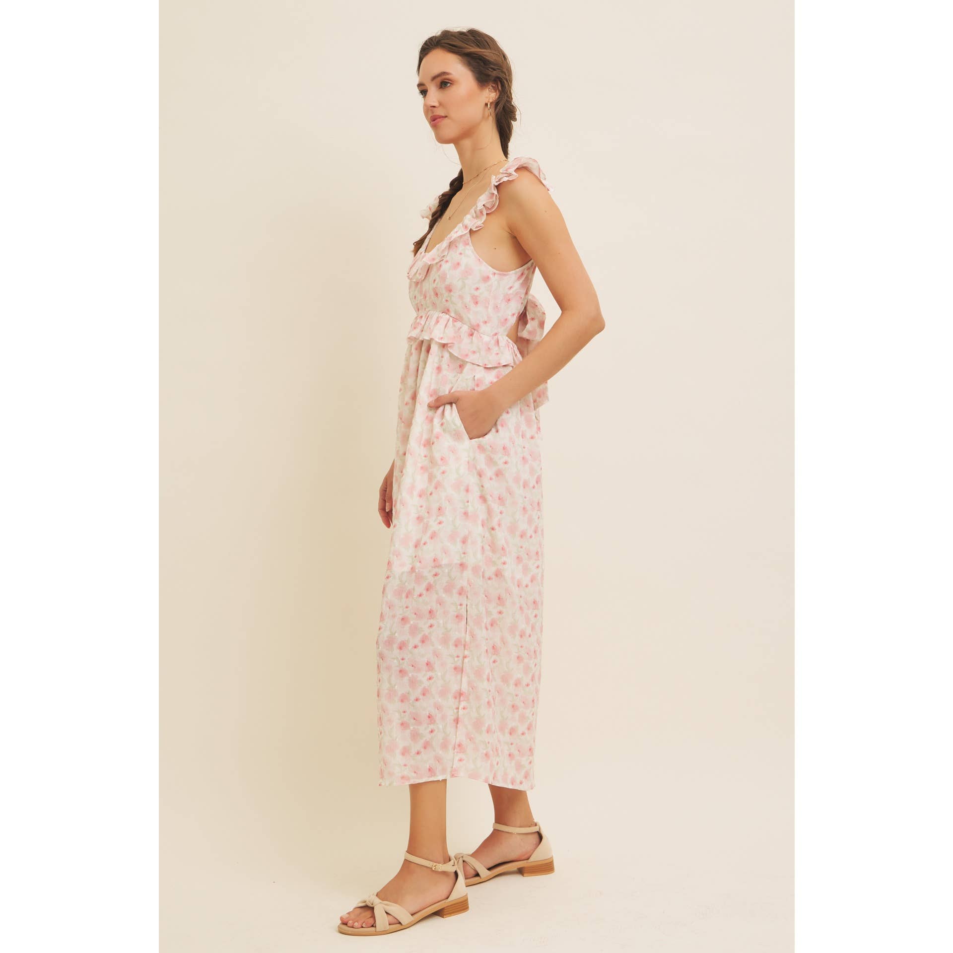 in february – Großhandel Kleid – Damen – ROMANTISCHES FLORALES MIDI-KLEID MIT SCHLITZ, RÜSCHEN UND RÜCKENBINDUNG10