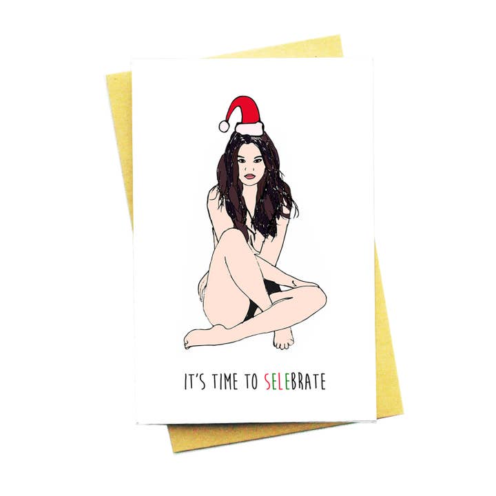 It's Time To Selebrate... Funny Selena Gomez Christmas Card for wholesale by Nocturnal Paper