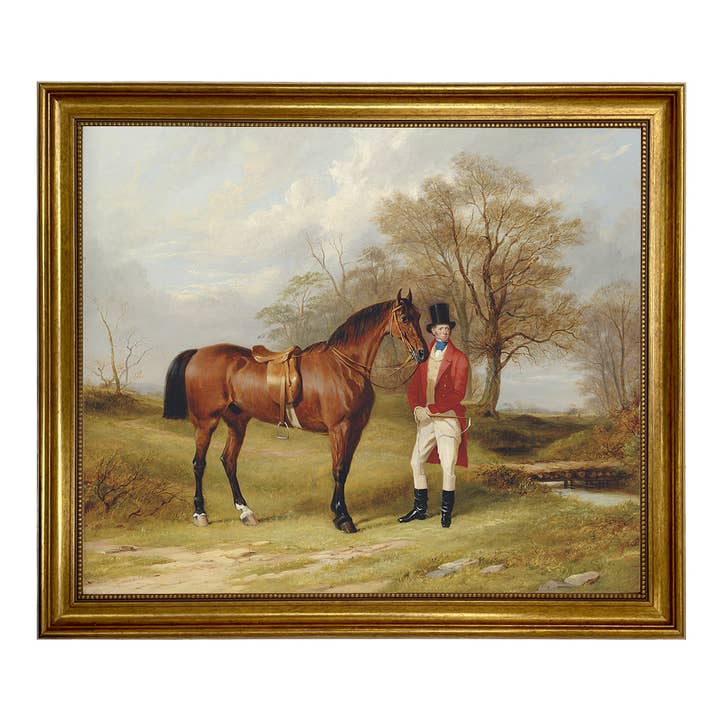Gentleman Standing Beside Saddled Hunter Painting Print for wholesale by Madison Bay Co. - Historical Home Decor Reproductions