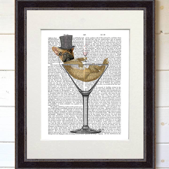Brun fransk bulldog i Martini glas, hund bok konst Print för wholesale av FabFunky Ltd