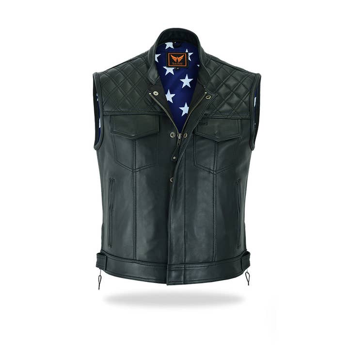 Mens Patriot Rider Motorcycle Natural Milled Leather Vest for wholesale by Tackfield