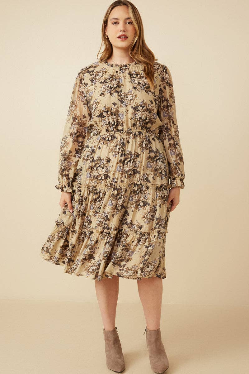 Taupe Damernas romantiska blommiga klänning med volangdetaljer i lager för wholesale på Faire1