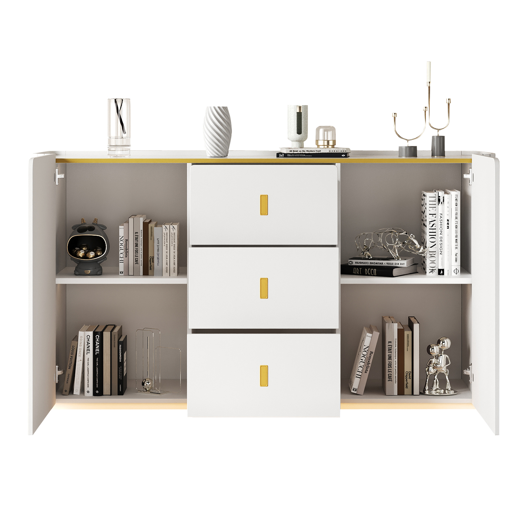 Urban Meuble – Aparador por atacado – Buffet branco elegante 2 portas, 2 gavetas com iluminação LED 150*35*80cm KRAUDREL22