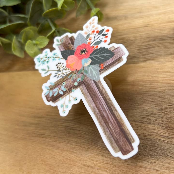 Cross with Flowers Waterproof Sticker for wholesale by Crafted by Chris Co.