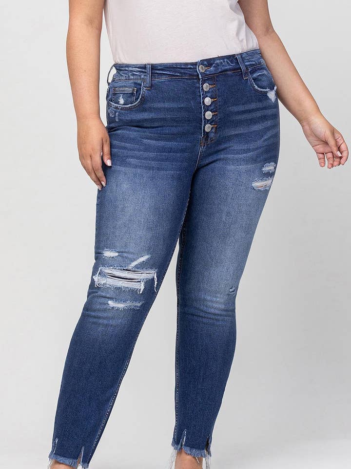 CALÇAS SKINNY SKINNY SKINNY DE TAMANHO GRANDE PARA CIMA COM BOTÃO DE LEVANTAMENTO ALTO T5023-P por atacado de VERVET by FLYING MONKEY