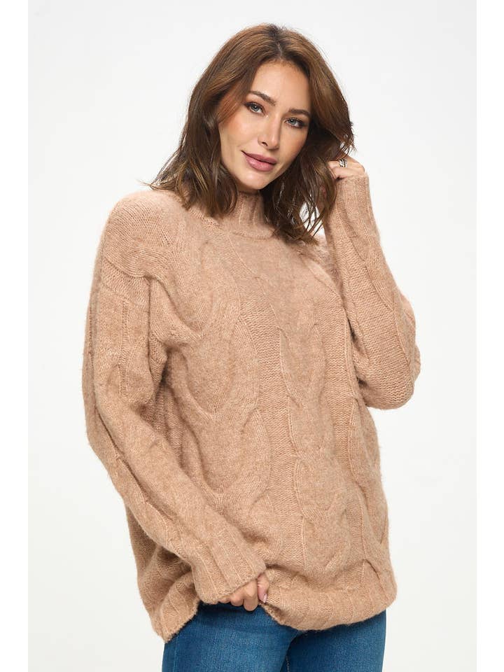 Taupe Turtleneck Long Sleeve Sweater with Braid Detail for wholesale on Faire