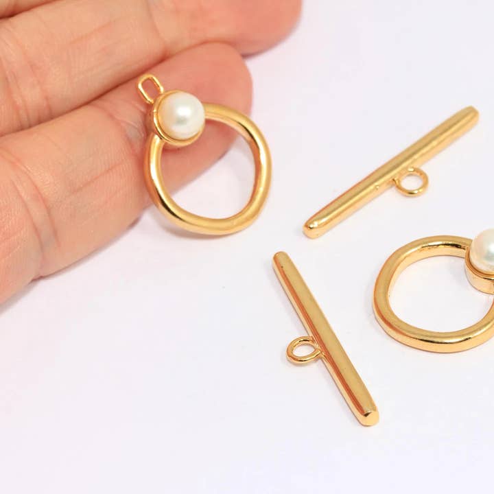12x23mm Glanzend Gouden Parel Toggle Sluiting, Ring T Staaf, BRT566 voor wholesale door QueenJewelryM