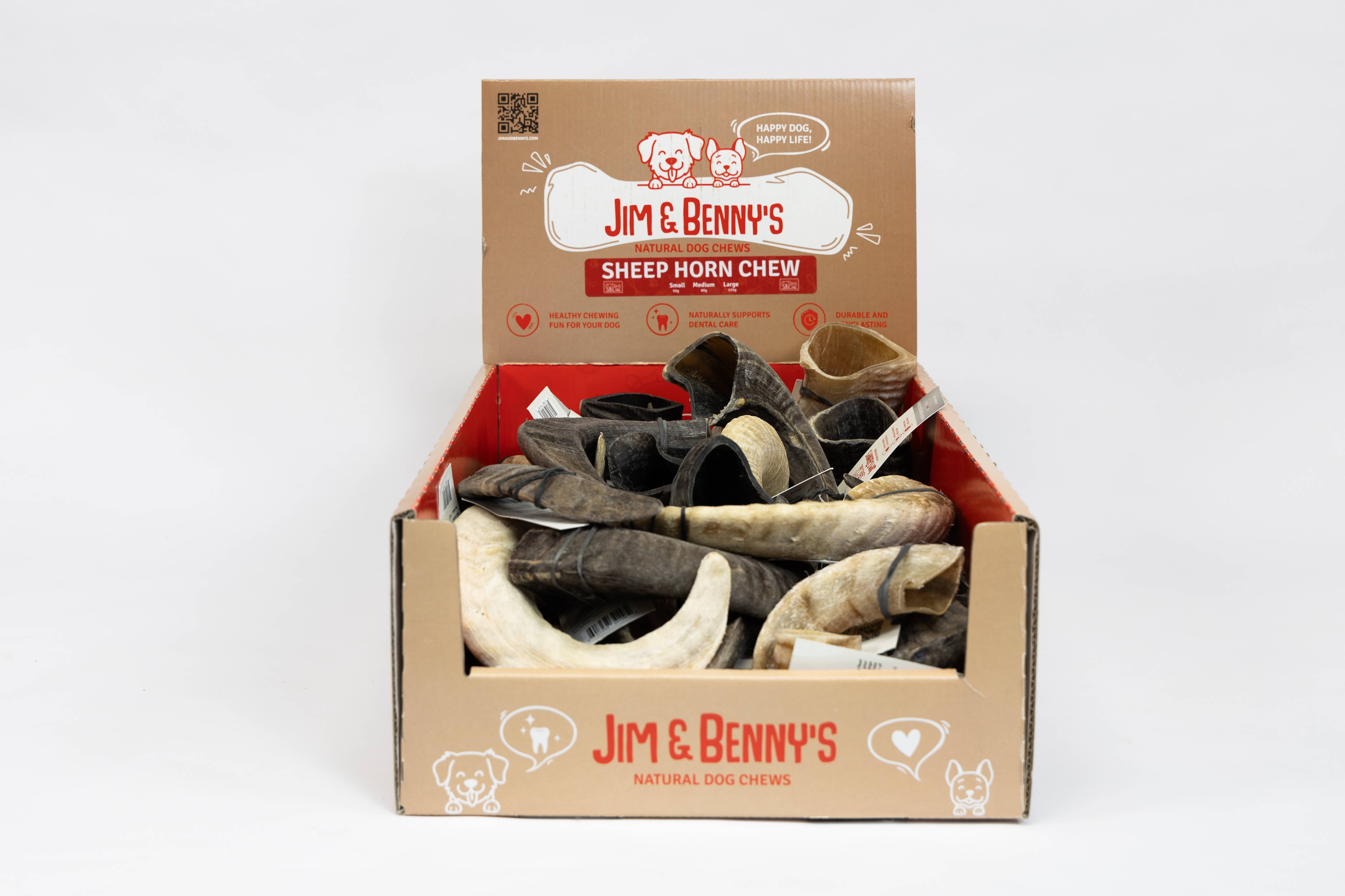 Jim and Benny's - Wholesale Pet Chew Toy - Dog - Sheep Horn Chew Shelf Display 1