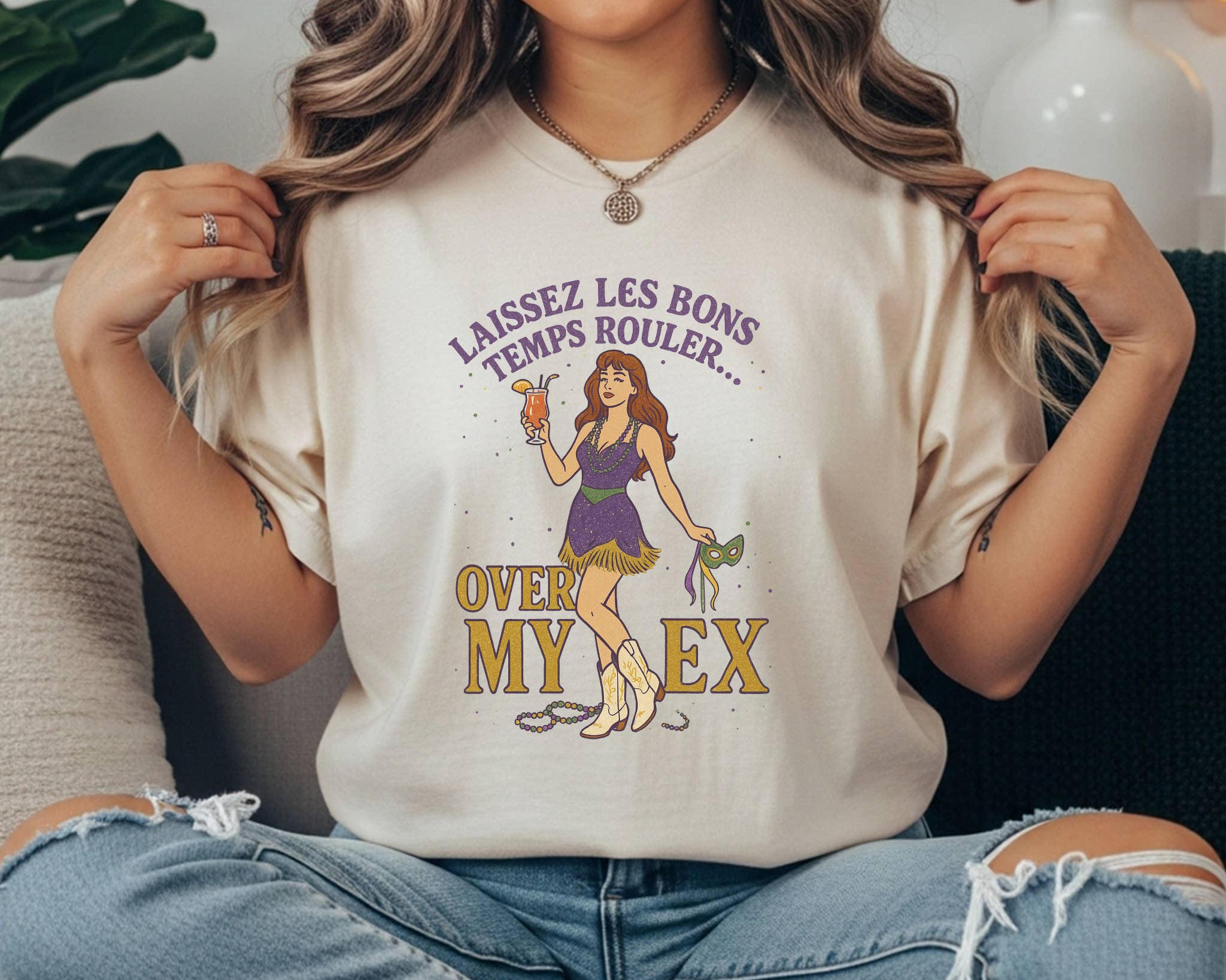 Pressed in Chaos - Wholesale Screen Printed T-Shirt - Women's - Laissez Les Bons Temps Rouler Over My Ex Comfort Colors Tee | Mardi Gras Shirt