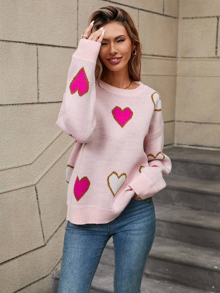 NINEXIS - Wholesale Knit Sweater - Women's - CWOSWL5782_CONTRAST VALENTINE'S DAY HEART PEACH SWEATER