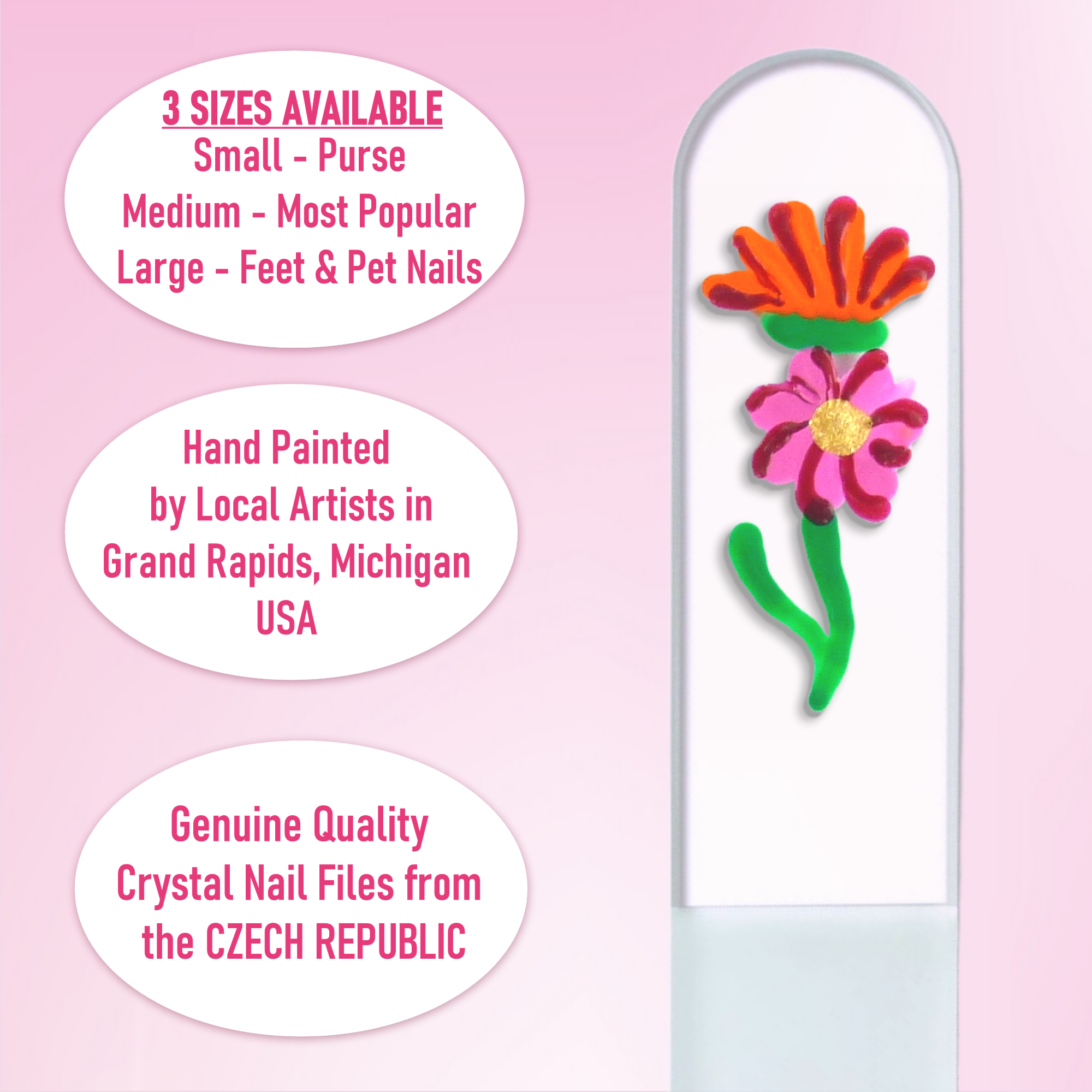 Classy Nail Files - Venta al por mayor Limas de uñas - Lima de uñas de cristal checo pintada a mano con flor de gerbera.6