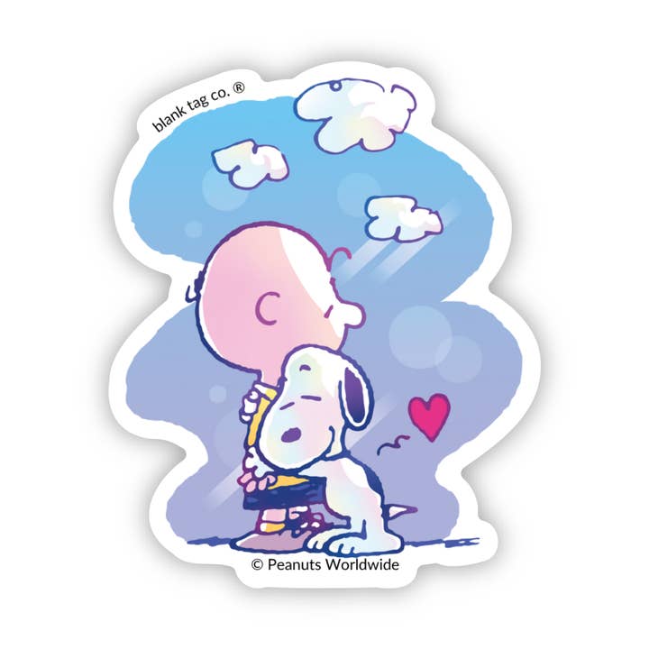 Autocollant Étanche Peanuts® - Snoopy Enlaçant Charlie Brown pour la vente par Blank Tag Co. - Waterproof Stickers