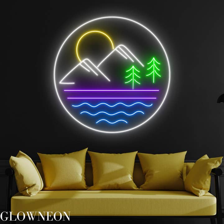 Insegna al neon con paesaggio, cartello a led con sole di montagna, alberi, arte della natura per la vendita all'ingrosso da parte di Glow Neon