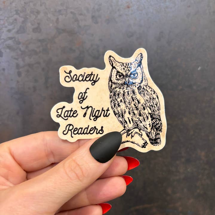 Society Of Late Night Readers Die Cut Owl Vinyl Sticker for wholesale by GetBullish