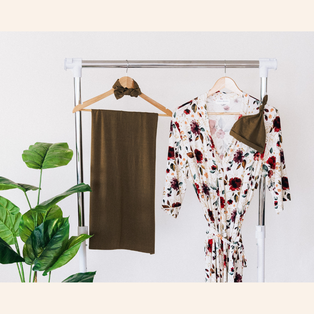 HAHA MAMA Clothing - Wholesale Dress - Maternity - Red Rose Maternity Delivery Gown & Olive Green Swaddle4