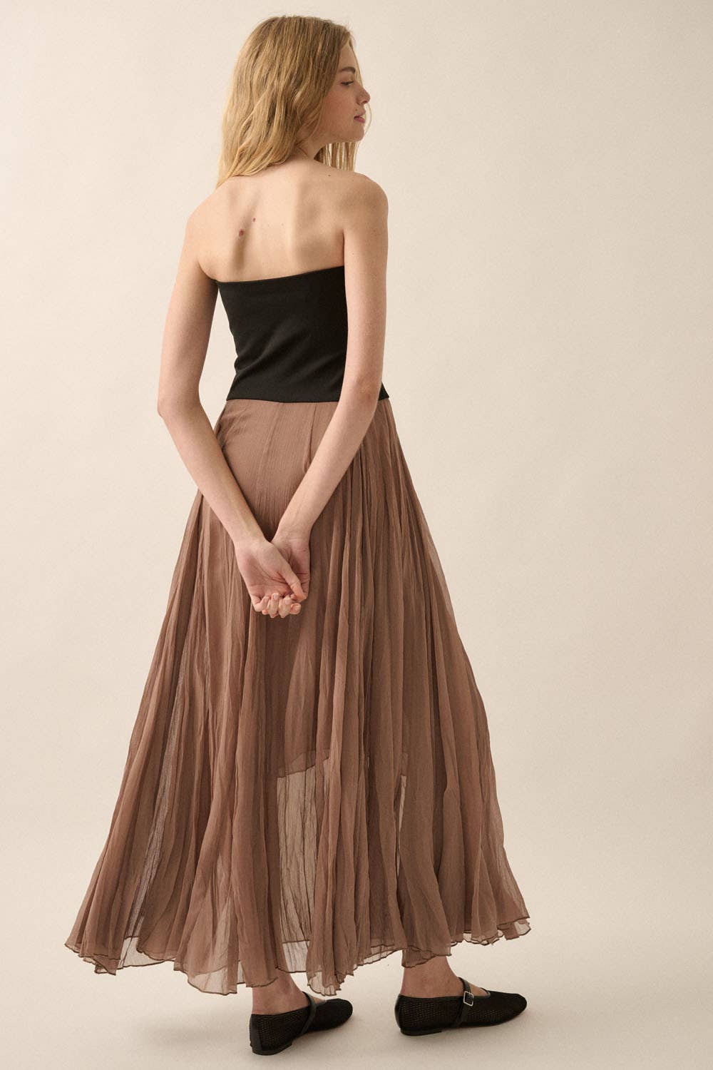 Promesa USA - Venta al por mayor Vestido - Mujer - Vestido largo de gasa texturizada sin tirantes a bloques de color5