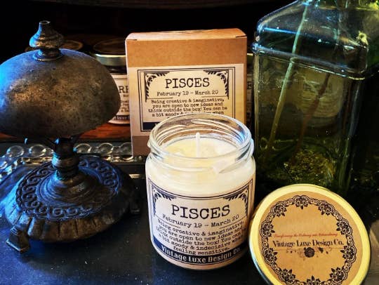 Vintage Luxe Design Co. - Wholesale Jar/Filled Candle - Pisces Zodiac Horoscope Soy Wax Candle with Infused Crystals0