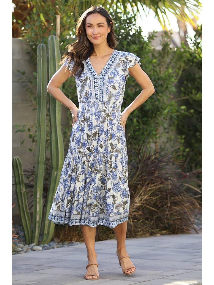 Nostalgia - Wholesale Dress - Women's - E1S44-A944 V NECK MIDI DRESS WITH SMOCKED WAIST