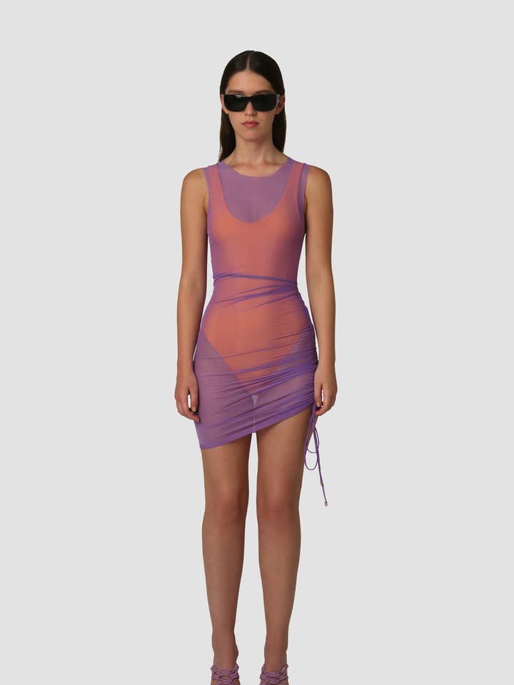 Vestido Solana Sheer Mesh Up Mini por atacado de Amy Lynn