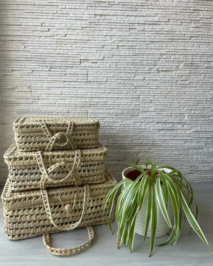 High crafty – wholesale Basket – Handmade Palm Leaf Suitcase Set – Trio of Storage Baskets0