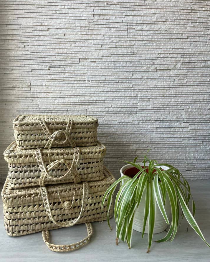 High crafty – wholesale Basket – Handmade Palm Leaf Suitcase Set – Trio of Storage Baskets