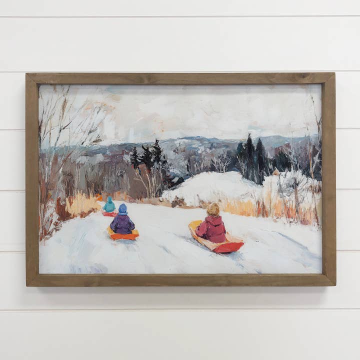 Hangout Home - Wholesale Art Print - Sledding Children - Mountain Cabin Canvas Art - Wood Framed2