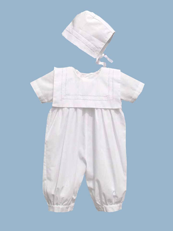 Fagoting Stitched Romper + Bonnet for wholesale by Smocked Bebe