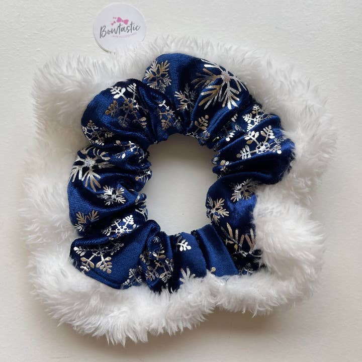 Christmas - Fluffy Velvet Scrunchie - Navy & Silver Snowflake for wholesale by Bowtastic Hair Accessories