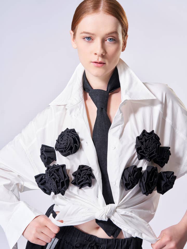 Black Denim Blooms Button Down for wholesale by The Fifth Week