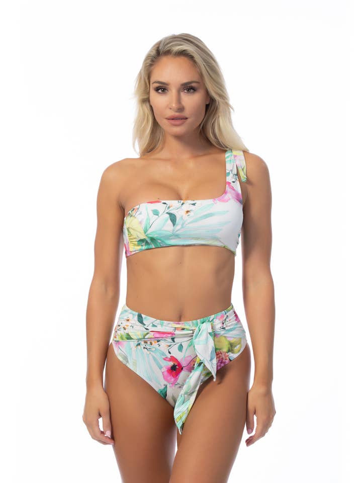 522028-BIKINI-SET MIT EINER SCHULTER UND HOHER TAILLE IN TROPISCHEM DESIGN für den Großhandel von Pick Pink