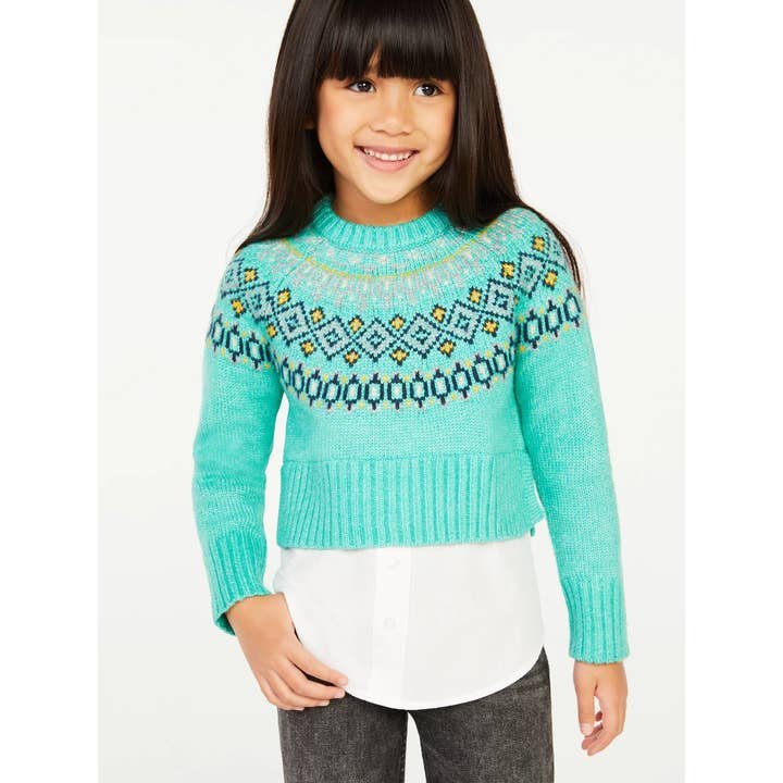 G87540FA Grils 4-8 Fair Isle Mock 2fer Crewneck Pullover for wholesale by Puzzles Enterprises