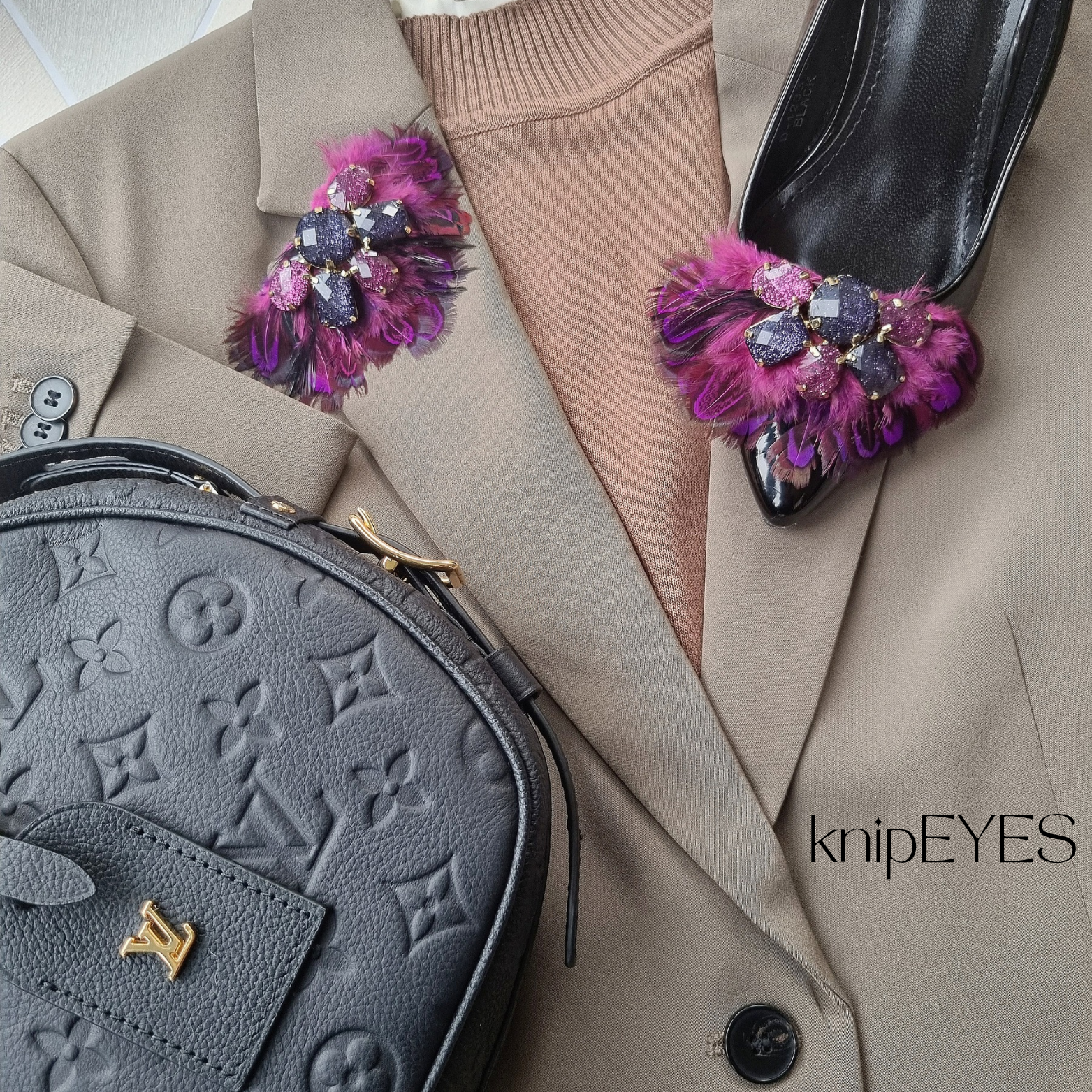 knipEYES - Wholesale Brooch - Shoeclips & Fashionclips Feather Fuchsia/Purple (per pair)1