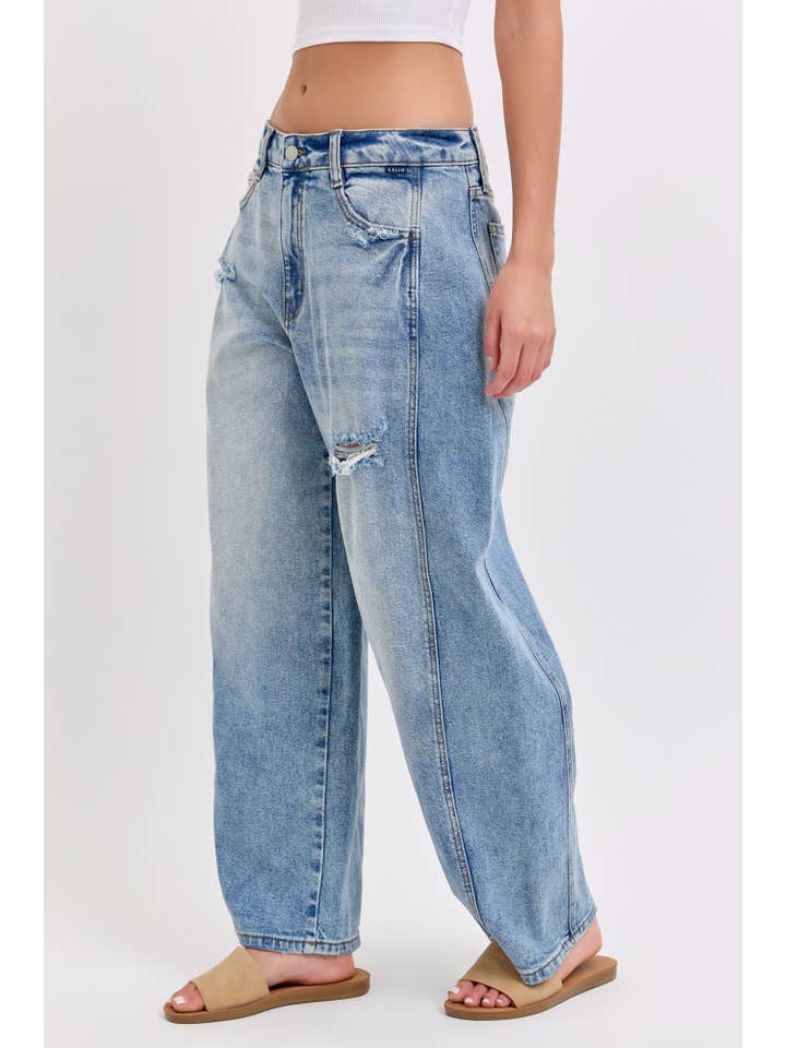 Cello Jeans - Wholesale Jeans - Women's - WV79502BR-MD Mid Waisted Barrel Jeans with Side Panels