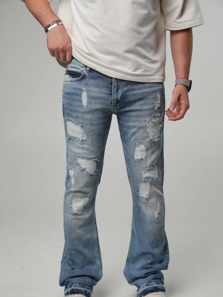 Blue Ripped High Waist Jeans 1454 for wholesale by Monocloth