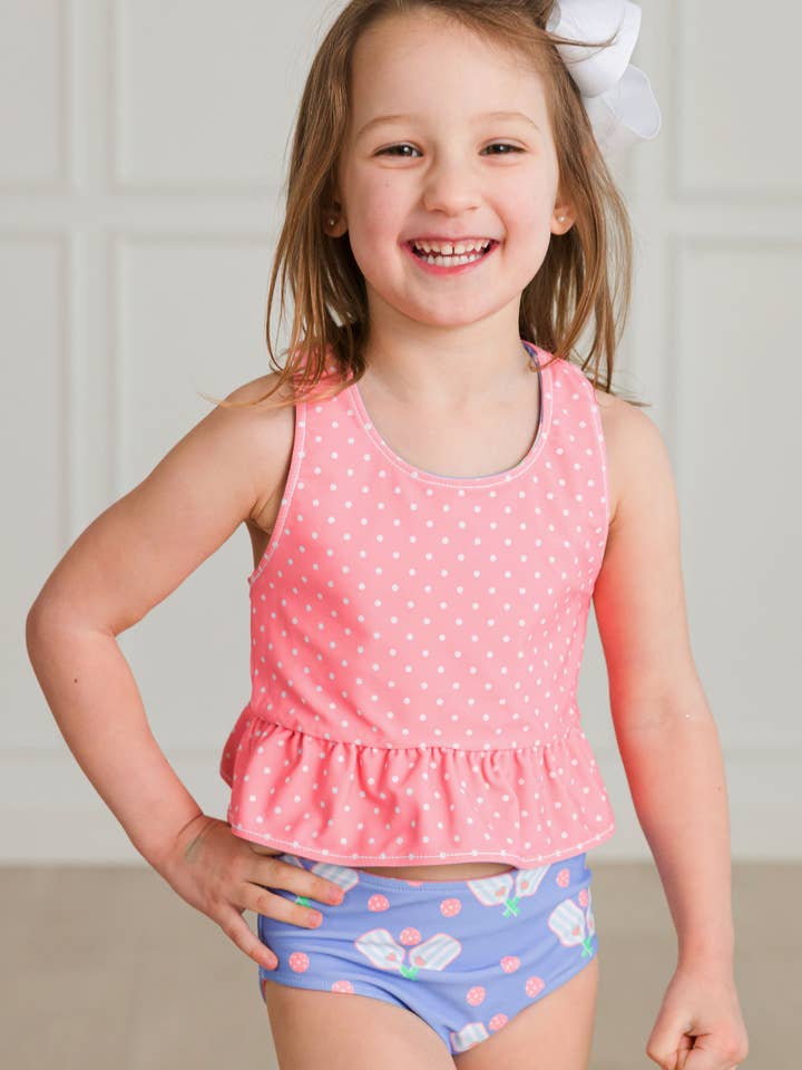 Girls Pickleball Playtime Reversible Peplum Tankini 2-Piece Swimsuit
 for wholesale by RuffleButts + RuggedButts